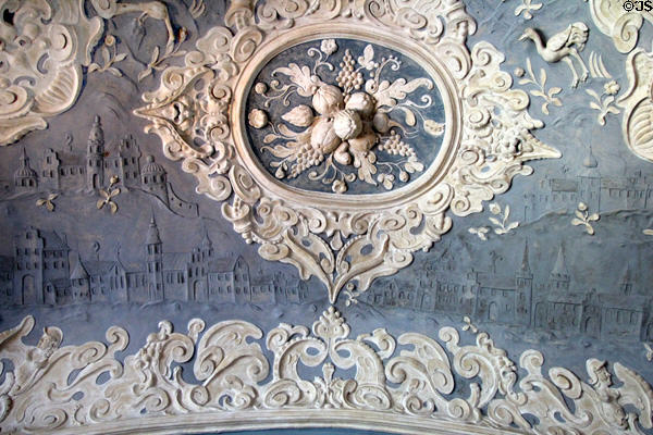 Detail of village designs in fine stucco ceiling in Blue Hall at Gottorf Palace. Schleswig, Germany.