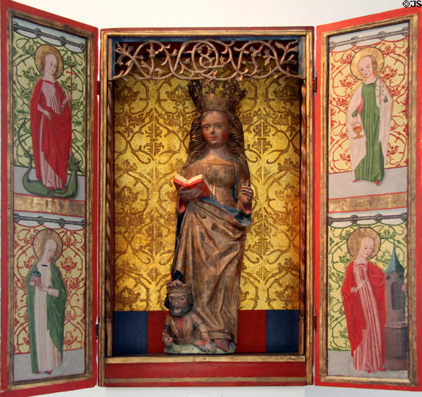Altar from Egrus with carving of Catherine of Alexandria center & paintings of female saints Margareta, Magdalena, Dorothea & Barbara on wings (c1500) at Schleswig Holstein State Museum. Schleswig, Germany.