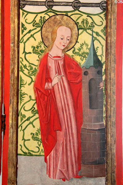 Detail of St Barbara with tower painted on altar from Egrus (c1500) at Schleswig Holstein State Museum. Schleswig, Germany.