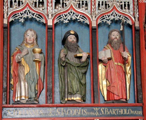 John, James the Greater & Bartholomew Apostle figures from wooden Crucifixion altar (c1460) at Schleswig Holstein State Museum. Schleswig, Germany.