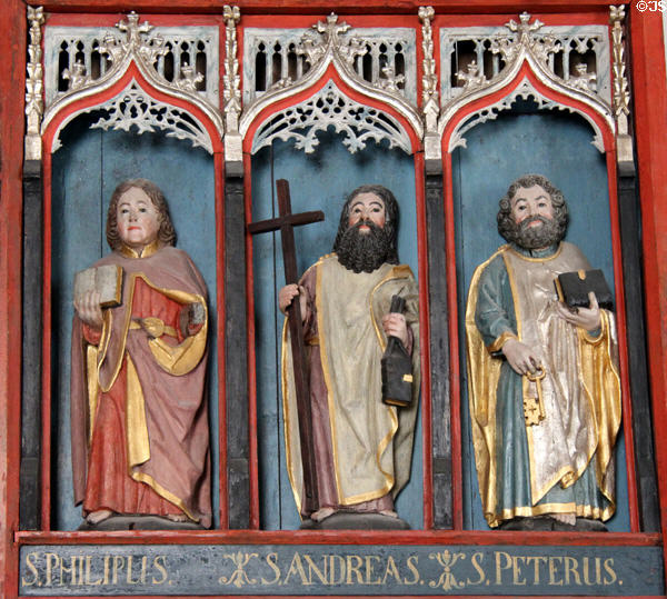 Philip, Andrew & Peter Apostle figures from wooden Crucifixion altar (c1460) at Schleswig Holstein State Museum. Schleswig, Germany.