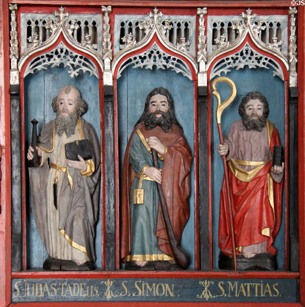 Judas, Simon & Matthias Apostle figures from wooden Crucifixion altar (c1460) at Schleswig Holstein State Museum. Schleswig, Germany.