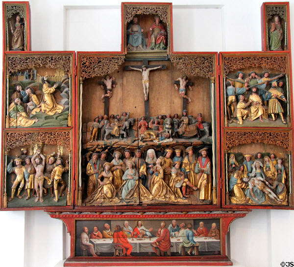 Passion carved altarpiece (c1525) over last supper painting (1657) at Schleswig Holstein State Museum. Schleswig, Germany.