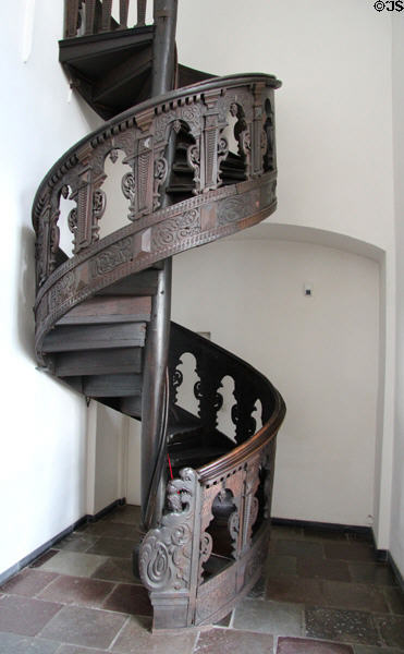 Carved spiral staircase at Schleswig Holstein State Museum. Schleswig, Germany.