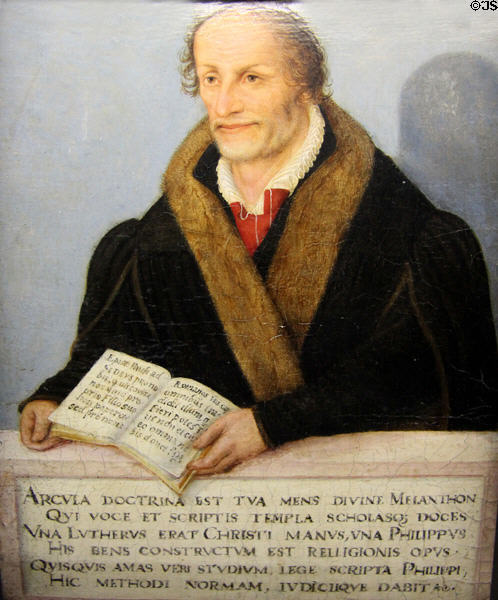 Philipp Melanchthon (Lutheran reformer) portrait (c1560-70) by workshop of Lucas Cranach the Younger at Schleswig Holstein State Museum. Schleswig, Germany.