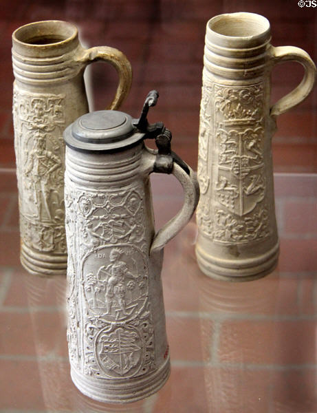 White embossed stoneware jugs (16thC) at Schleswig Holstein State Museum. Schleswig, Germany.