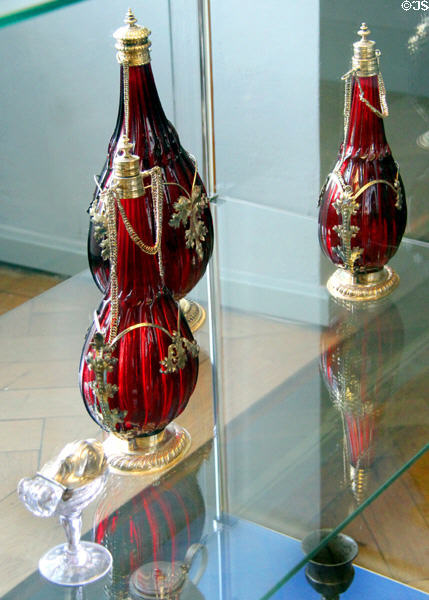 Glass flasks in silver mounting at Schleswig Holstein State Museum. Schleswig, Germany.