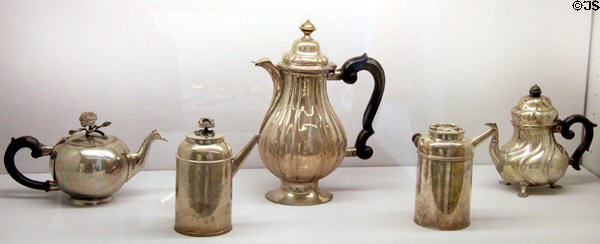 Collection of silver coffee & chocolate pots (c18thC) by German smiths at Schleswig Holstein State Museum. Schleswig, Germany.
