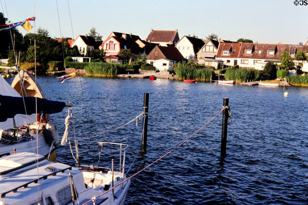 Houses on lake in town of Schleswig. Schleswig, Germany.
