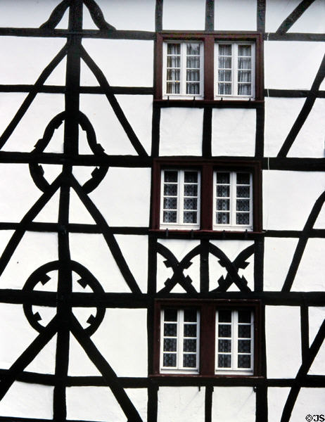 Intricate patterns of half timbers on wall of house. Monschau, Germany.