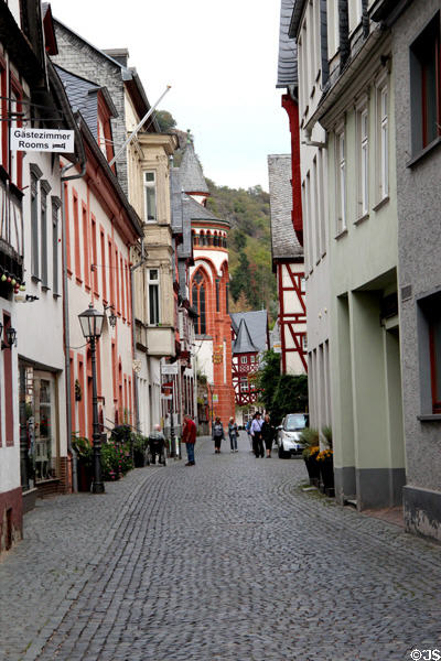 Cobble stone street with typical Bacharach buildings. Bacharach, Germany.