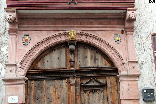 Ornate doorway of old post office. Bacharach, Germany.