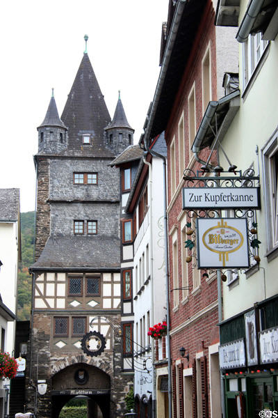 Typical town street with ancient Market Tower (14thC) at the end. Bacharach, Germany.
