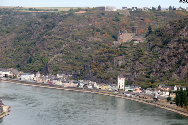 Opposite bank of Rhine River as seen from viewpoint atop The Loreley. Loreley, Germany.