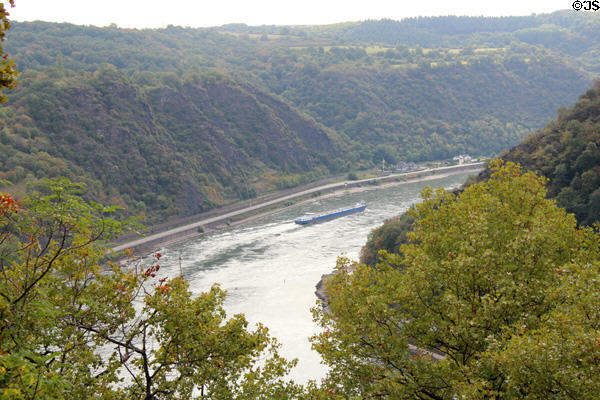 Steep banks of Rhine River as seen from viewpoint atop The Loreley. Loreley, Germany.