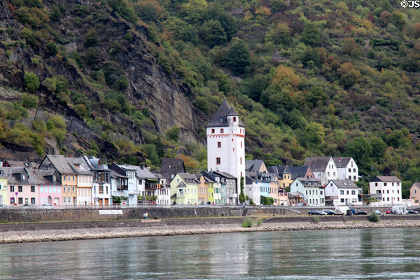 Main street with square city tower along Rhine River. St. Goarshausen, Germany.