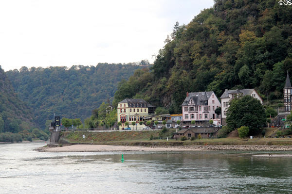 Village on narrow point of Rhine River. St. Goar, Germany.