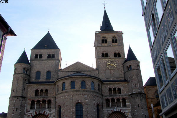 West face of Trier Cathedral with its four towers & apse. Trier, Germany.