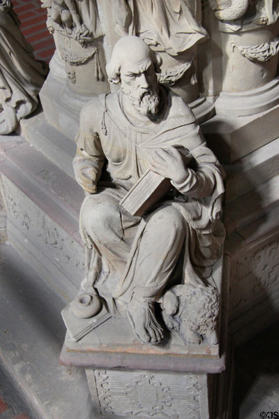 Evangelist Mark statue on base of pulpit at Trier Cathedral. Trier, Germany.