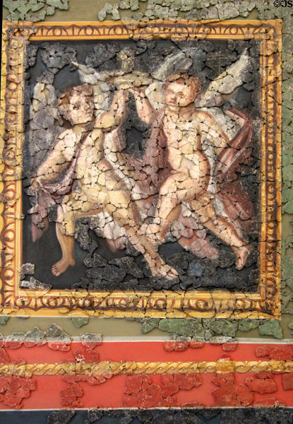 3. Roman ceiling fresco (4thC) section depicting dancing cupids with bowl at Cathedral Museum. Trier, Germany.