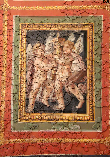 1. Roman ceiling fresco (4thC) section depicting pair of dancing cupids with horn of plenty at Cathedral Museum. Trier, Germany.