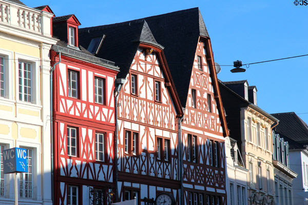 Steep roofs on half-timbered buildings on Hauptmarkt. Trier, Germany.