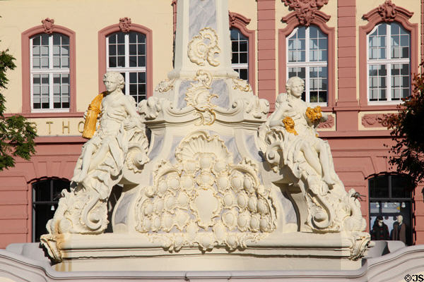 Base of St. George's Fountain representing Four Seasons on Kornmarkt. Trier, Germany.