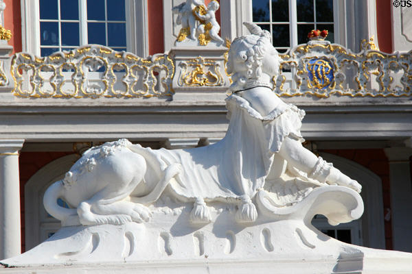 Sphinx statue by Ferdinand Tietz in front of south facade of Kurfürstlicher Palace. Trier, Germany.