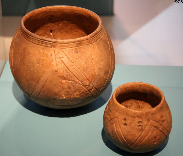 Two etched pottery round-bottomed bowls (5200-4800 BCE) at Trier Archaeological Museum. Trier, Germany.