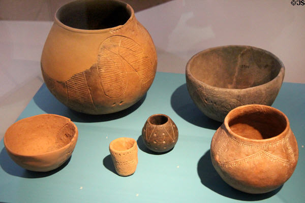Etched pottery round-bottomed bowls & cup (5200-4800 BCE) at Trier Archaeological Museum. Trier, Germany.