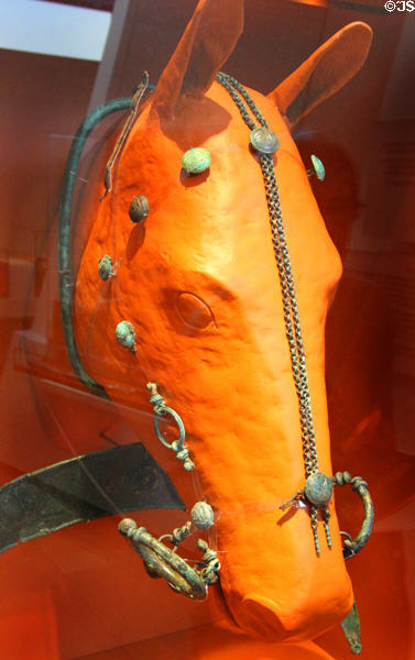 Horse's leather face cover replica holding original coral, bronze & iron ornaments (4thC BCE) at Trier Archaeological Museum. Trier, Germany.