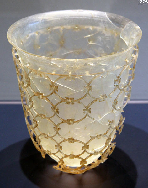 Roman cage glass beaker (1st half of 4thC) at Trier Archaeological Museum. Trier, Germany.