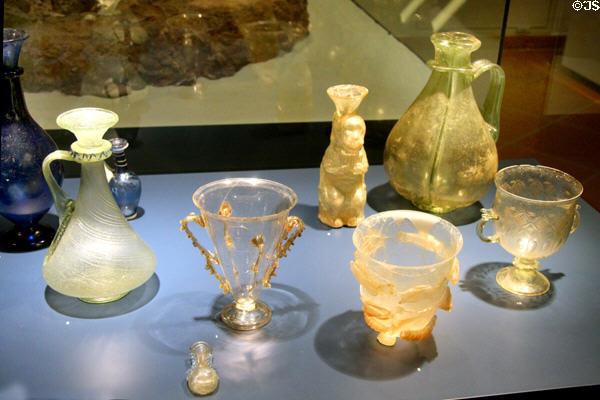 Roman glass vessels with various forms of decoration (4thC) found in Trier at Trier Archaeological Museum. Trier, Germany.