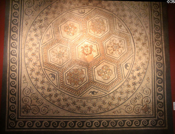 Roman mosaic floor of flowers around head of Medusa (c100-150) from Trier palace complex at Trier Archaeological Museum. Trier, Germany.