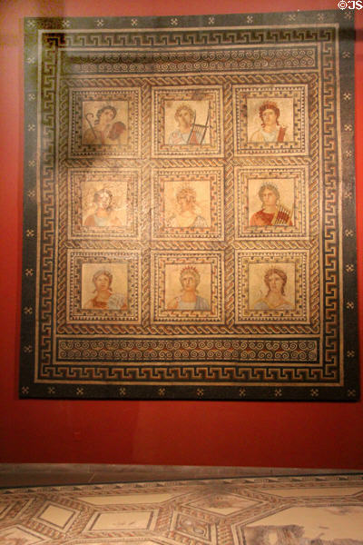 Roman floor mosaic of nine Muses (mid 3rdC) at Trier Archaeological Museum. Trier, Germany.