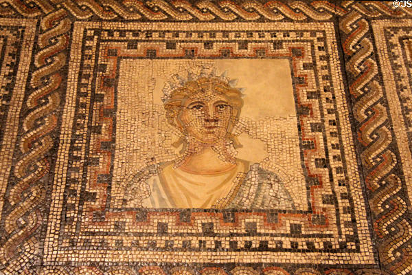 Muses Roman floor mosaic panel of Calliope (epic poetry) (mid 3rdC) at Trier Archaeological Museum. Trier, Germany.