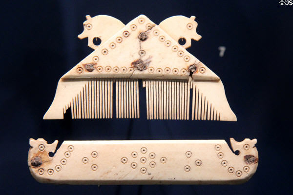 Germanic 3-layer comb made of bone reinforced by two outer layers plus cover, decorated with animal head carvings (early 5thC) at Trier Archaeological Museum. Trier, Germany.