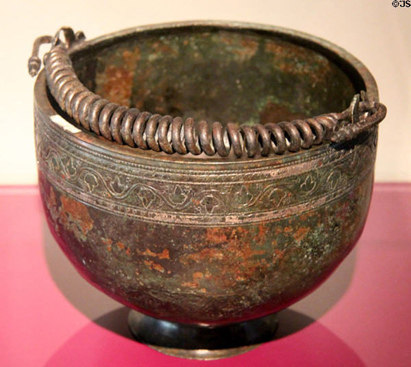Roman bronze decorated bucket (2nd-3rdC) at Trier Archaeological Museum. Trier, Germany.