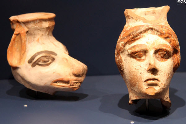 Ceramic vessels in form of grotesque caricature heads (3rdC) at Trier Archaeological Museum. Trier, Germany.