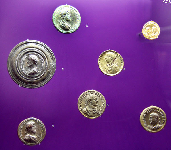 Roman coins with portraits of Caesars at Trier Archaeological Museum. Trier, Germany.