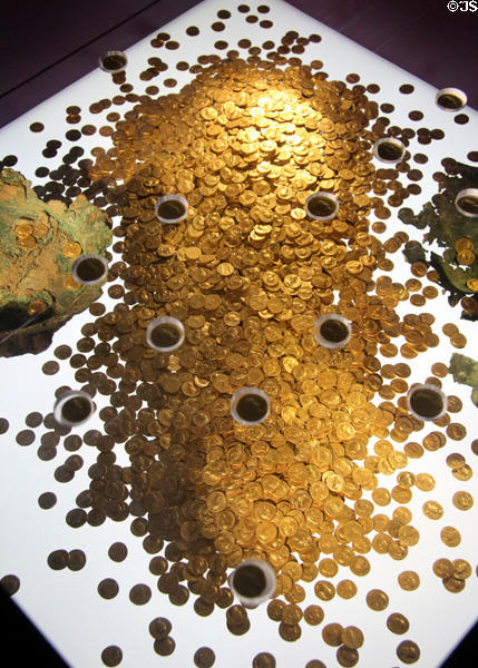 Trier hoard of 2,600 gold coins (dating from 63-196 CE) discovered in a bronze barrel in 1993 now at Trier Archaeological Museum. Trier, Germany.