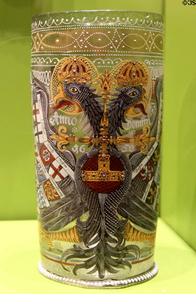 Glass Humpen painted with imperial eagle (1650) at Trier Archaeological Museum. Trier, Germany.