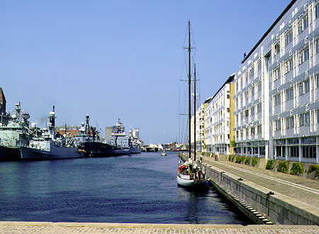 Residential buildings on the harbor near the Little Mermaid, Kobenhavn. Denmark.