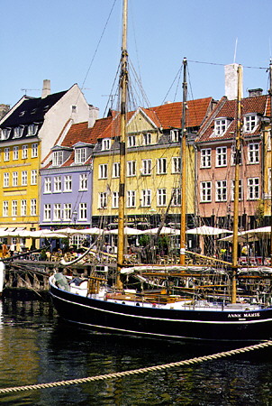 Boats and buildings on the picturesque Nyhavn, Kobenhavn. Denmark.