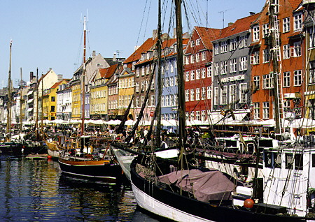 Boats docked in Nyhavn, Kobenhavn. Denmark.