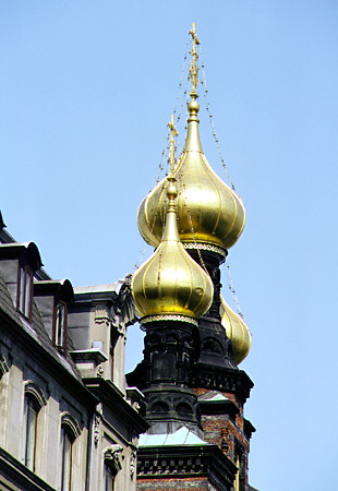 Golden onion domes of Alexander Nevski Church in Kobenhavn. Denmark.
