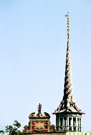Whimsical entwined dragon tails tower on the Børsen (Stock) Exchange in Kobenhavn. Denmark.