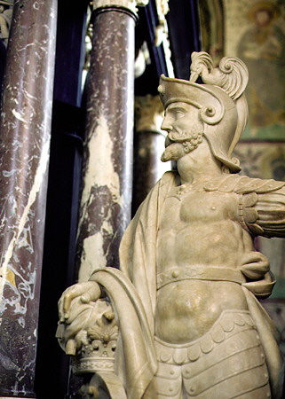 Detail of a statue on the tomb of Frederik II in Roskilde's Cathedral. Denmark.