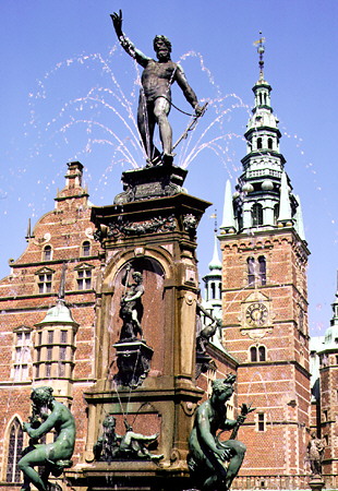Fountain in front of Frederiksborg Slot (Castle), Hillerød. Denmark.