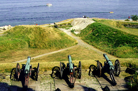 Cannons, part of the view of the strait from Kronborg Slot (Castle) in Helsingør. Denmark.